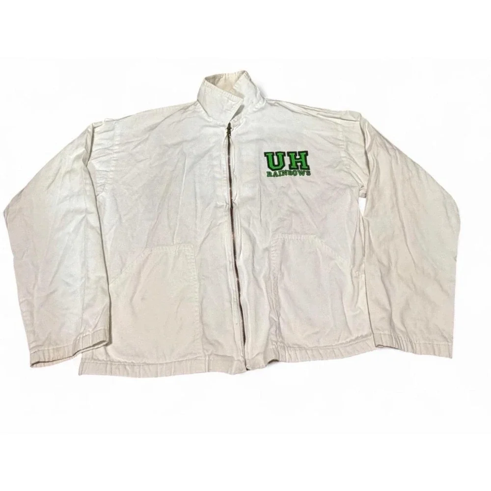 Vintage UH Rainbow Warriors White Cotton Zip Jacket USA Made Size 1 Hawaii